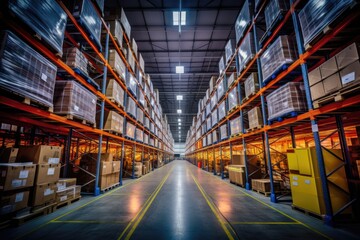Obraz premium Warehouse background storage inventory shelf with freight container aisle space.
