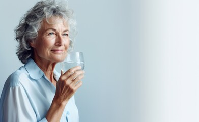 Elderly woman drinking water. Concept of retirement