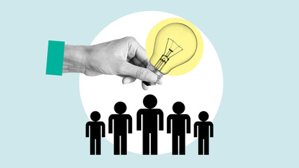 Hand changes human thinking with light bulb lamp glowing icon for creative thinking idea and...