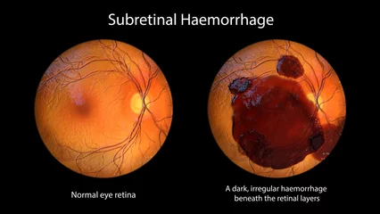 Deurstickers A subretinal hemorrhage as observed during ophthalmoscopy, 3D illustration © Dr_Microbe