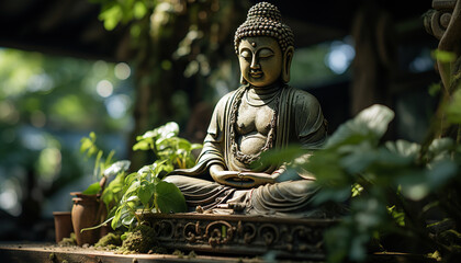 buddha statue in the garden,Golden Serenity: Buddha Statue Amidst Nature's Embrace