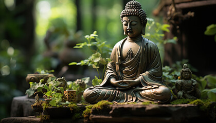 buddha statue in the garden,Golden Serenity: Buddha Statue Amidst Nature's Embrace