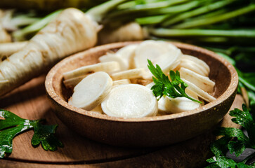 Chopped parsley root. On table