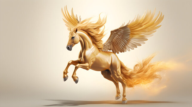 Winged Golden Horse Pegas on a white background