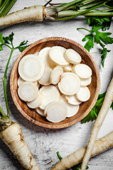 Chopped parsley root. On table