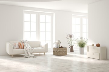 White scandinavian interior design with sofa. 3D illustration