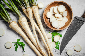 Chopped parsley root. On table