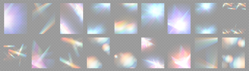 Crystal light glasses effect sparkle prism glare reflection effect. Banner optical rainbow lights, glare, leak, streak overlay. falling confetti. Vector banner colorful vector lenses and light flares.