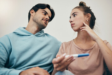 Couple, pregnancy test and stress in home for infertility, anxiety or support. Woman, or male...