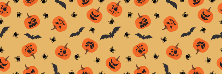 Happy Halloween with pumpkins, bat and spider. Seamless pattern. Vector illustration. Vector 