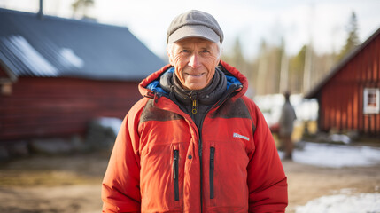 Fototapeta na wymiar Homme âgé souriant en veste rouge devant des maisons en forêt en hiver.