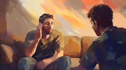 Illustration of military man therapy with psychologist for counselling, support and psychology.