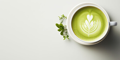 matcha latte top view on a white table 