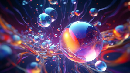 Celestial Liquid Harmony: 3D Rendered Liquid Bubbles Resonating with Vibrant Rainbow Tones 
