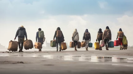 Foto op Plexiglas Refugees walking with bags and suitcases. War zone, homeless seeking asylum © Peopleimages - AI