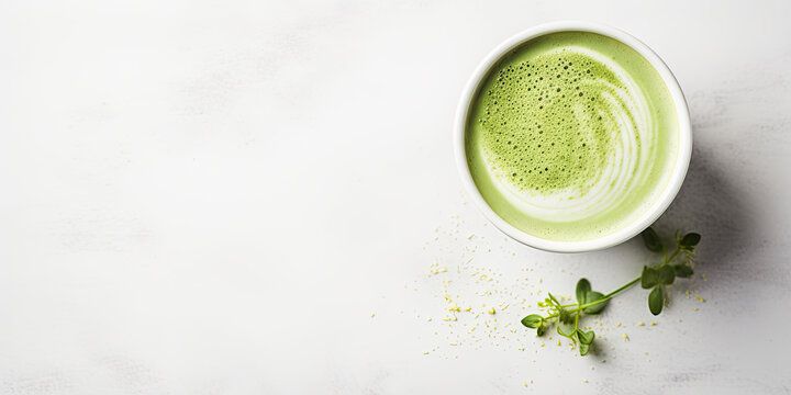 matcha latte top view on a white table 
