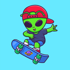 Cute Cool Alien Playing Skateboard Cartoon Vector Icon Illustration. Science Sport Icon Concept Isolated Premium Vector. Flat Cartoon Style © catalyststuff