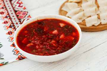 Traditional Ukrainian dish borscht with lard