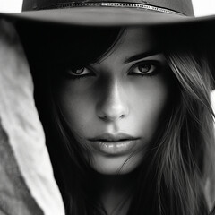 Black and white photograph of a model wearing a seventies style hat.