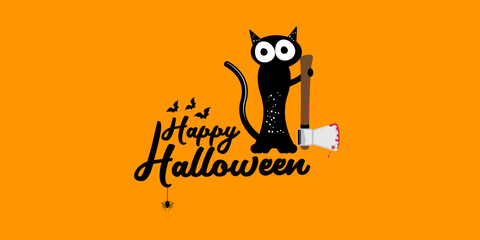 Fototapeta na wymiar Happy halloween greeting card or banner with Black cat holding bloody knife isolated on orange background. Funny Halloween black cat holding a bloody knife . Halloween vector design template