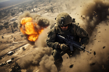 A soldier with an automatic weapon among the destruction aims at the enemy