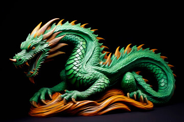 Green dragon statue. Symbol of 2024 on blurred background. Green Chinese dragon wooden sculpture. Mythological creature. Green fantasy dragon.
