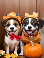 Two cute dogs wearing clothes, celebrating thanksgiving party