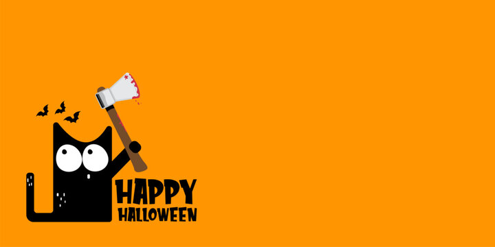Happy halloween greeting card or banner with Black cat holding bloody knife isolated on orange background. Funny Halloween black cat holding a bloody knife . Halloween vector design template