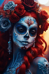 Fashion makeup for the Day of the Dead and Halloween in blue tones