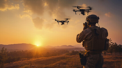 Silhouette of soldier using drones for military combat or scouting operation.Silhouette of soldier using drone for military combat or scouting operation. - obrazy, fototapety, plakaty