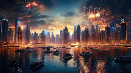 Obraz premium New Year's Eve fireworks over a modern, Arab city