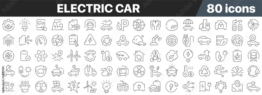 Poster Electric car line icons collection. Big UI icon set in a flat design. Thin outline icons pack. Vector illustration EPS10