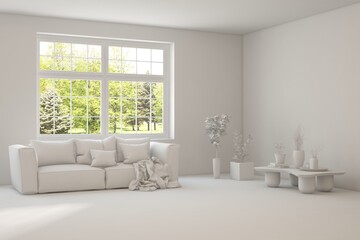 Grey living room concept with sofa and summer landscape in window. Scandinavian interior design. 3D illustration