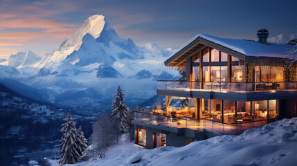 A villa stands on a mountain in winter. In the background you can see a snow-capped mountain. - obrazy, fototapety, plakaty