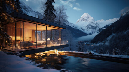 Fototapeta premium Winter landscape with a luxurious pool in the foreground