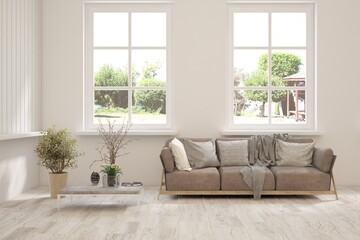 Bright interior design with modern furniture and summer landscape in window. 3D illustration