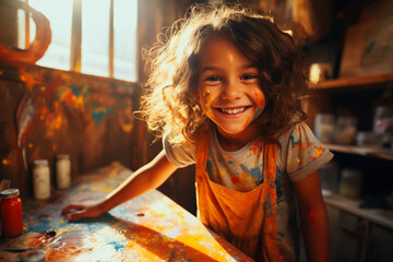 Smiling child with stained t-shirt and spotted colorful drawing studio background looking into the camera with playful look. Empty space place for text, copy paste. Bored kid staying alone at home - obrazy, fototapety, plakaty