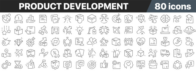 Fototapeta na wymiar Product development line icons collection. Big UI icon set in a flat design. Thin outline icons pack. Vector illustration EPS10