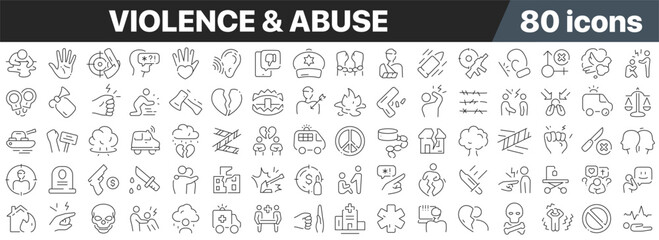 Violence and abuse line icons collection. Big UI icon set in a flat design. Thin outline icons pack. Vector illustration EPS10 - obrazy, fototapety, plakaty