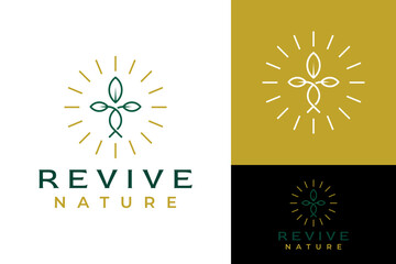 Simple Monoline Leaf Leaves Revive Life Sun Light Around Woman Empowerment Logo Design Branding Template