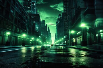 far distance city at night green tint - obrazy, fototapety, plakaty