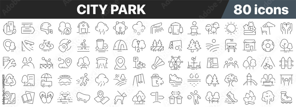 Poster city park line icons collection. big ui icon set in a flat design. thin outline icons pack. vector i