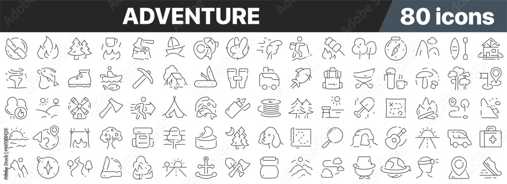 Poster adventure line icons collection. big ui icon set in a flat design. thin outline icons pack. vector i