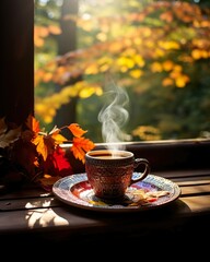 Coffee cup surrounded by autumn leaves on a wooden tabletop