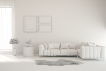 White living room concept with sofa. 3D illustration