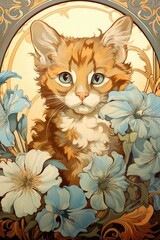 kittens and flowers - oil painting