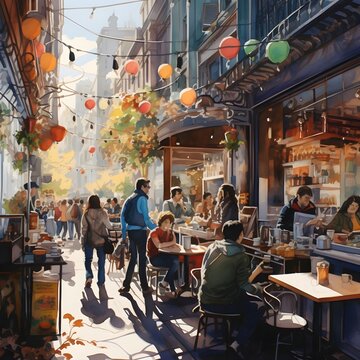 A watercolor painting of street cafe in the city 