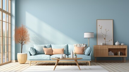 Living room. Design and interior of modern cozy house in soft blue colors. Furniture in apartments, AI Generated - obrazy, fototapety, plakaty