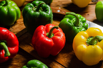 Fresh sweet pepper. On wooden table.