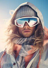 Close up photo if snowboarder with glasses nad cap. Sunny winter day. Winter concept